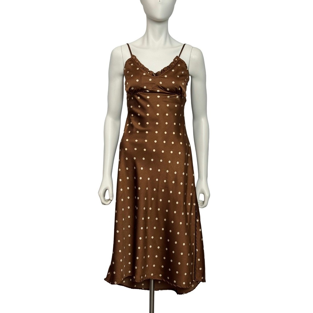Vintage Japna Y2K Brown Polka Dot Slip Dress Satin Midi S Babydoll Grunge Forest